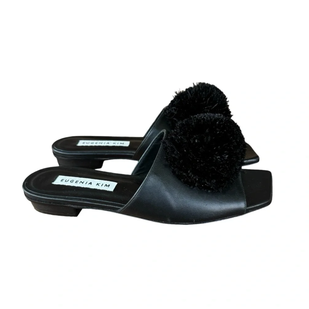 Eugenia Kim Black Leather Slides With Black Large Ostrich Feather Pom Pom Sz 37